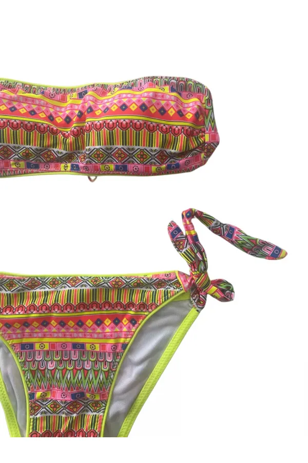 Kız Çocuk Neon Sarı Çok Renkli Astarlı 4-12 Yaş Straplez Bikini Takım HZL24S-LC6355
