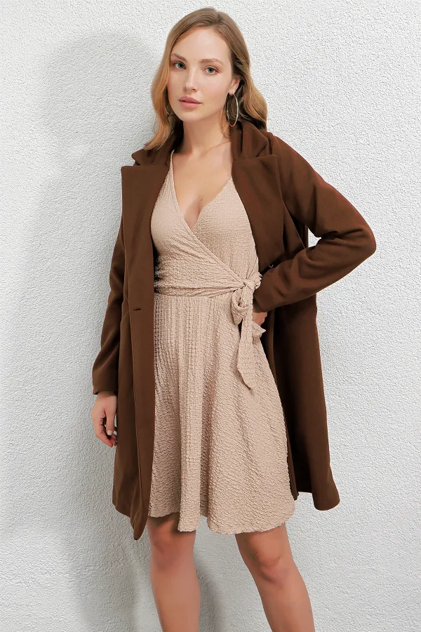Manteau élégant en cachemire doublé, couleur chocolat, à un bouton et double poche, pour femme HZL23W-BD190851