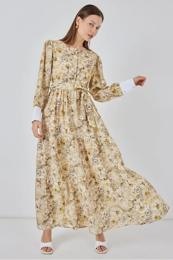 Women's Belted Long Dress 2584 - B.Sarı