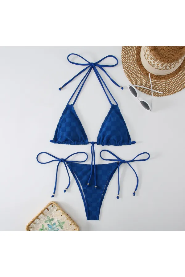 Kadın Saks Mavisi  İp Bağlamalı Aksesuarlı Astarlı Yüksek Bel Üçgen Bikini Takım HZL24S-LC2229