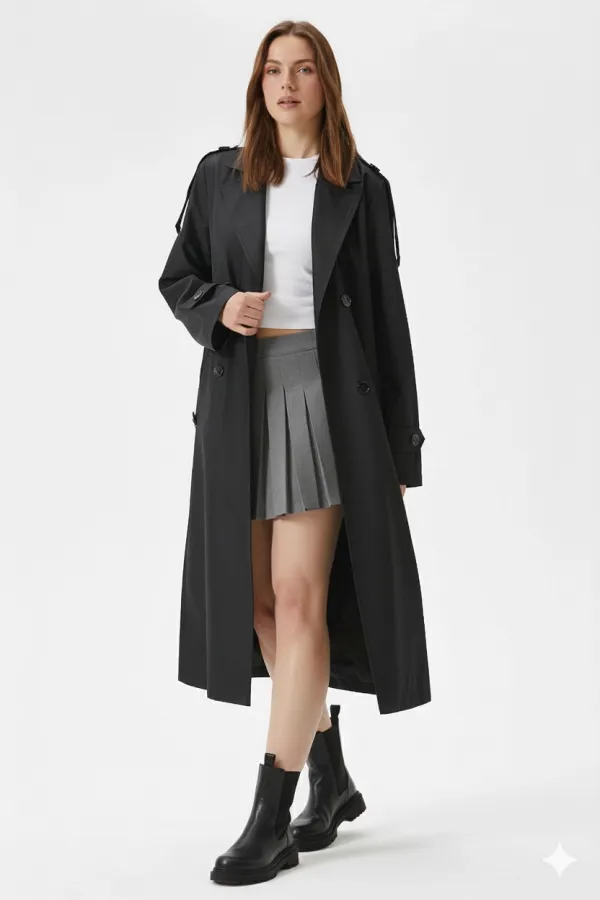 Trench-coat croisé noir doublé et ceinturé pour femme, modèle saisonnier HZL25W-BD159411