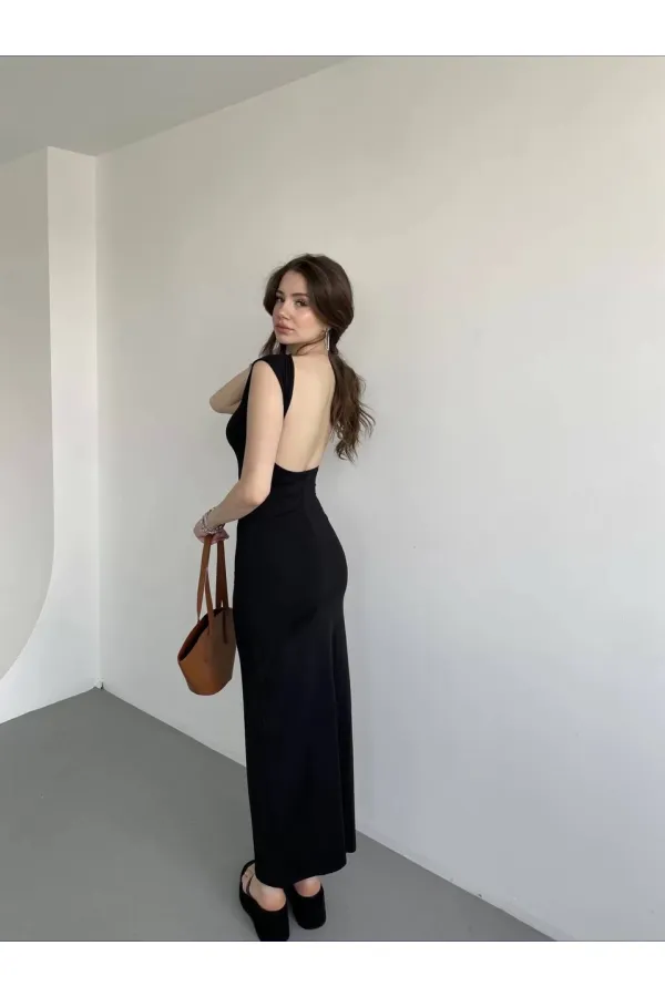 Kadın Siyah Sırt Dekolteli Yumuşak Dokulu Elbise HZL25S-ZK13321