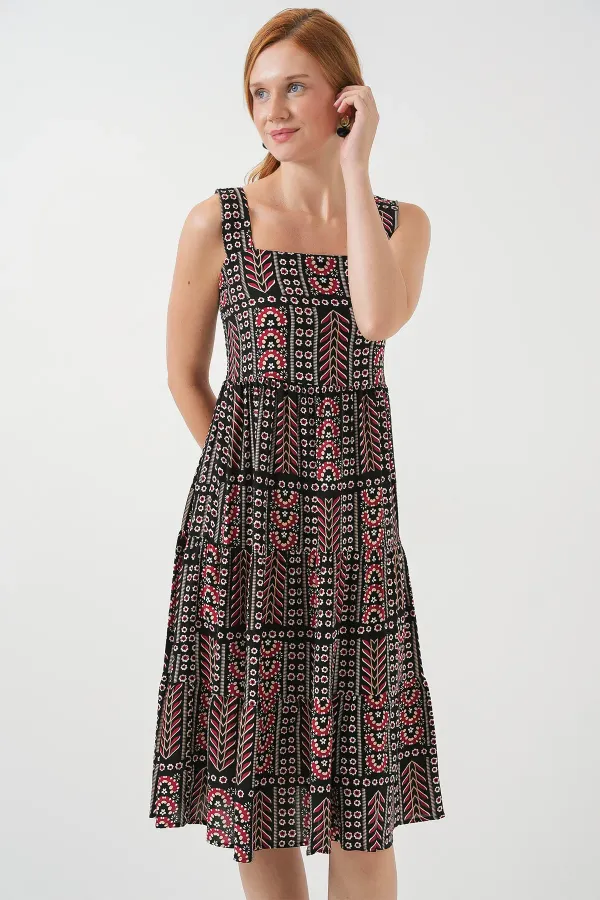 Robe midi à bretelles à motifs pour femme 2577 - Noire