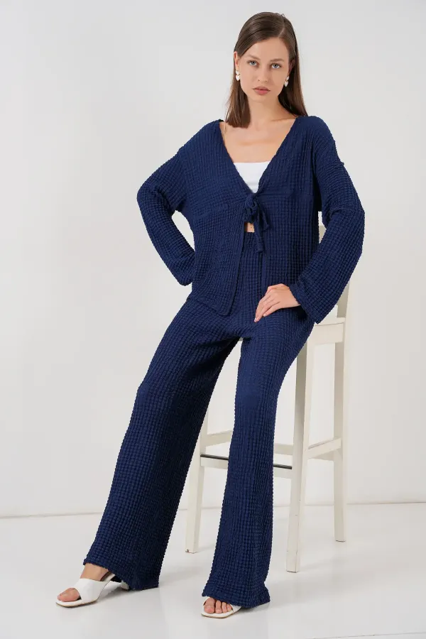 Women's Knitted Blouse and Pants Two-Piece Set 30052 - Navy Blue