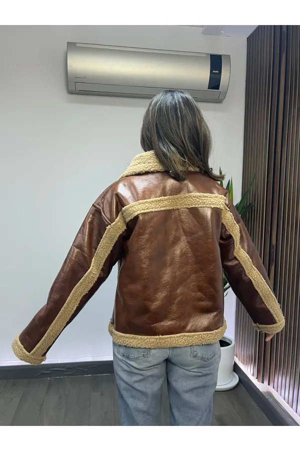 Women's Camel Faux Leather Jacket with Fur Lining and Button Closure HZL23W-BRC129331 Women's Camel Faux Leather Jacket with Fur Lining and Button Closure HZL23W-BRC129331