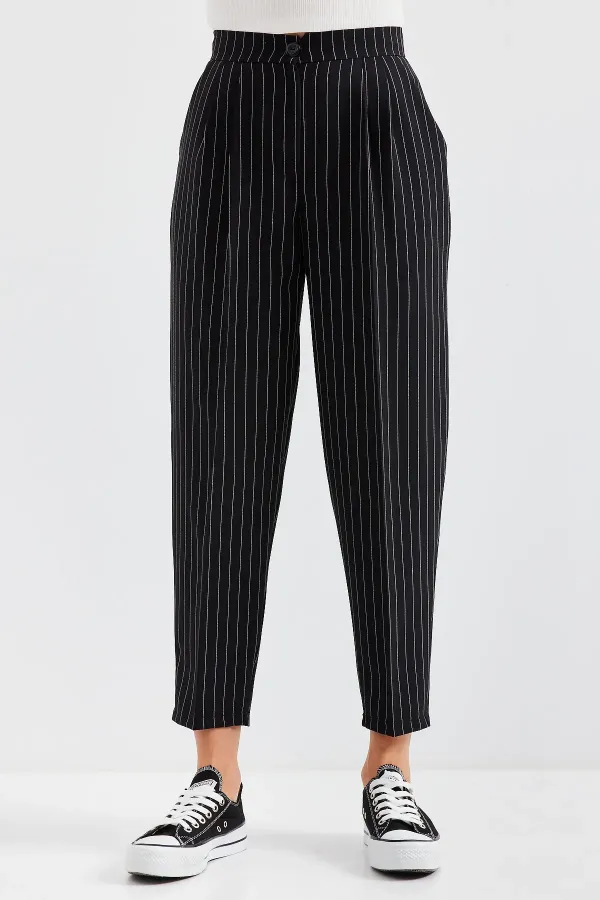 6637 High-Waisted Striped Fabric Trousers - Black