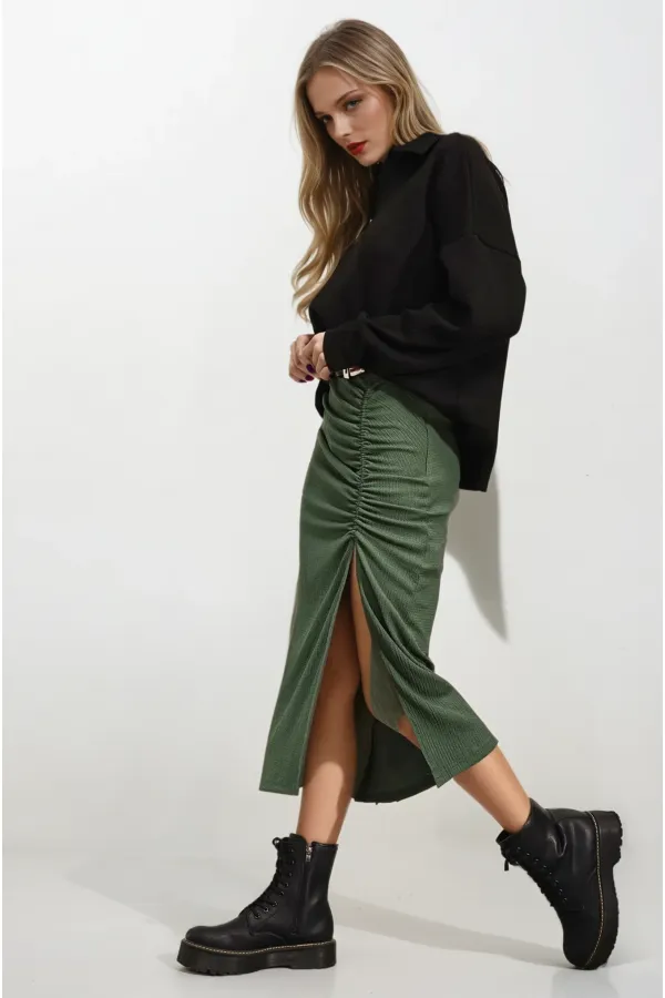 Kadın Zümrüt Yeşili Beli Lastikli Yırtmaçlı Uzun Etek HZL22S-BD118801