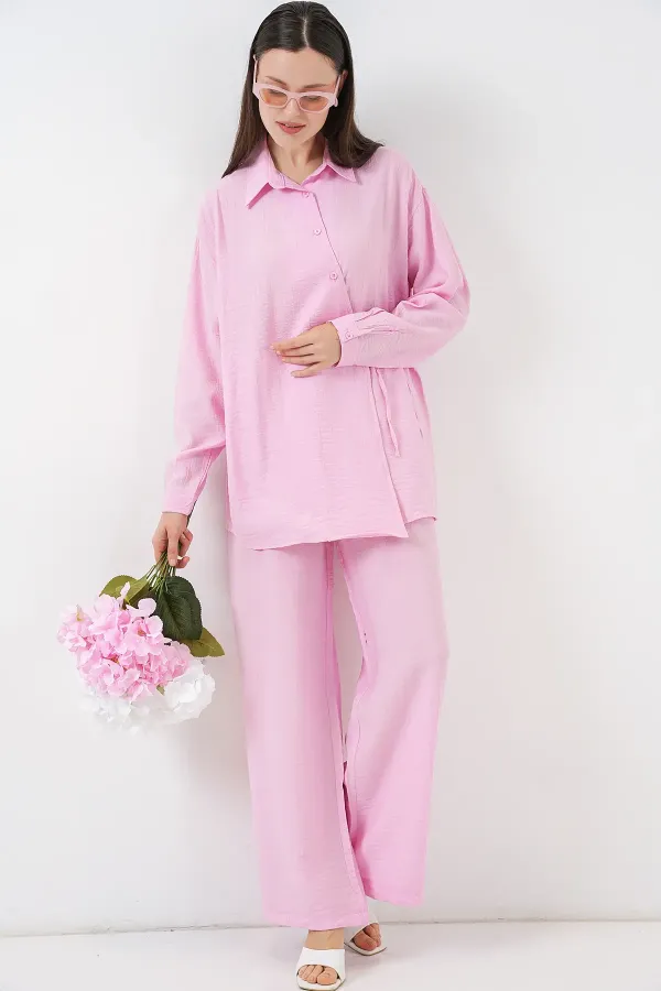 Kadın Bağcıklı Tunik Pantolon İkili Takım 6752 - Pudra