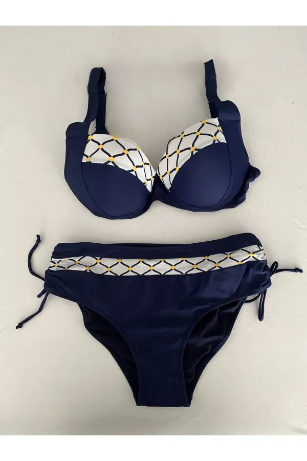 Kadın Lacivert Beyaz Etnik Desenli Bikini Takım HZL25S-LC2220