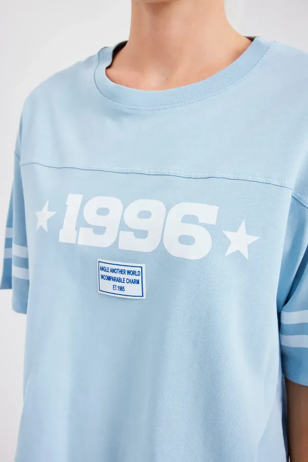 4322 Printed Oversize Basic T-Shirt - Blue