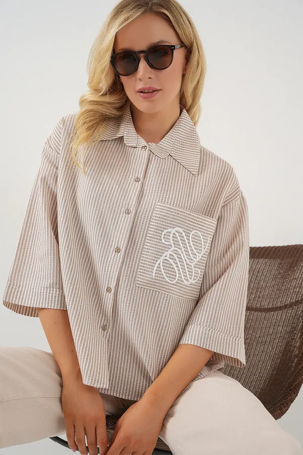 Kadın Tek Cep Nakışlı Gömlek 20328 - Bej