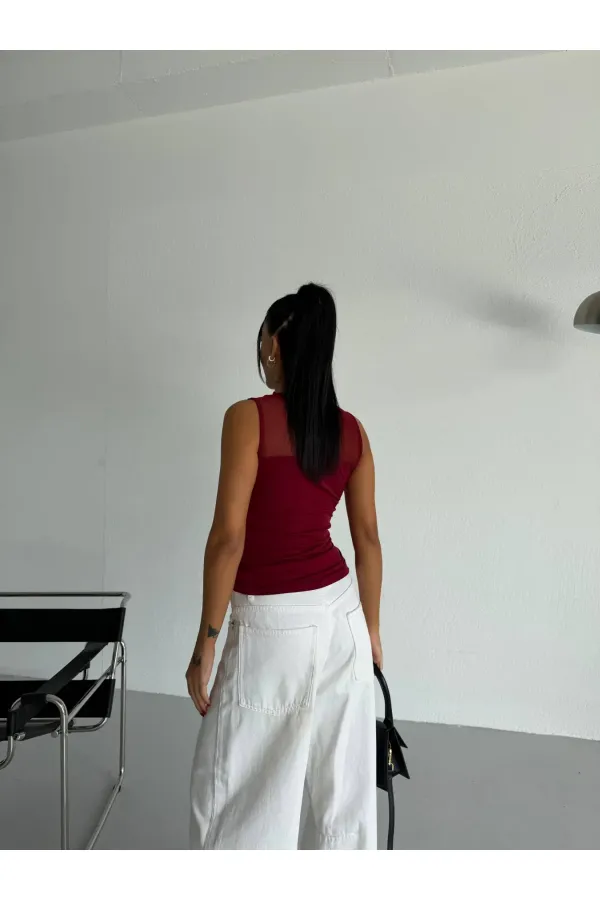 Kadın Bordo Kolsuz Likralı Tül Detay Sandy Bluz HZL26W-FRY123721