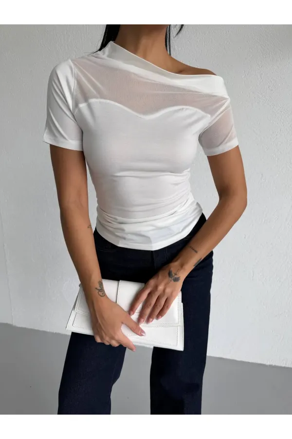 Women's White One-Shoulder Elegant Sandy Blouse with Transparent Tulle Detail HZL26S-FRY123871