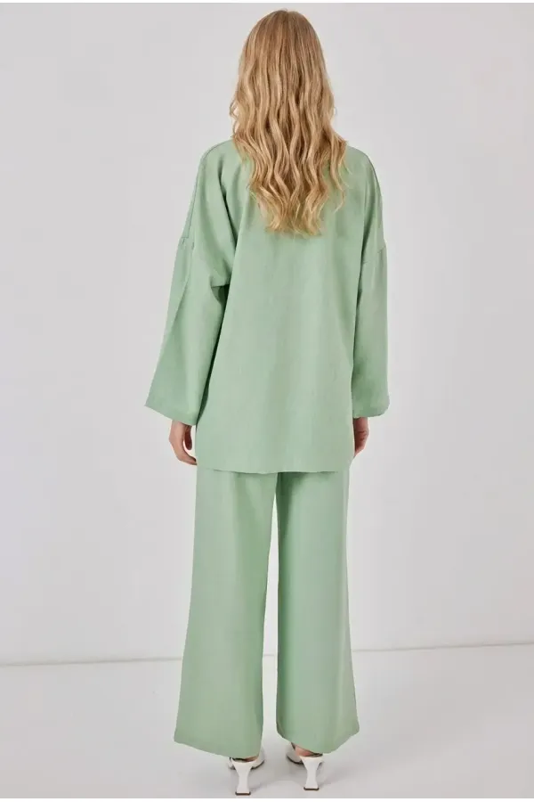 Kadın Çağla Yeşili Keten Bağlama Detaylı Kimono Pantolon İkili Takım HZL26S-BD167271