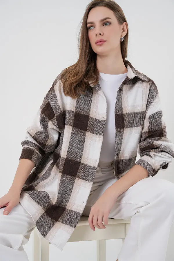 Women's Plaid Pattern Oversize Lumberjack Shirt 3854 Biscuit