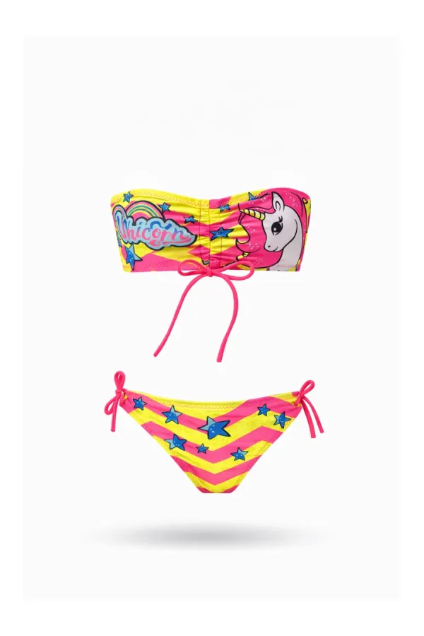 Kız Çocuk Pembe Unicorn Desenli  2-8 Yaş Straplez Bikini Takım HZL24S-LC3658
