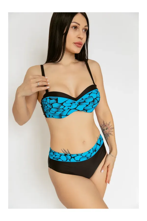 Women's Blue Black Patterned Lined Bikini Set HZL25S-LC25143