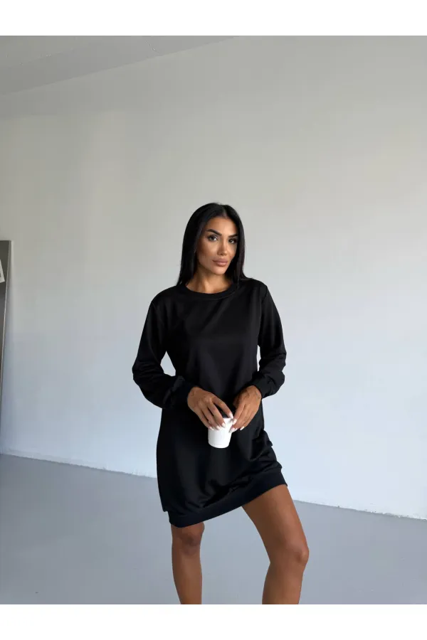 Robe décontractée noire à col ras du cou et 2 fils pour femme HZL25W-FRY123451