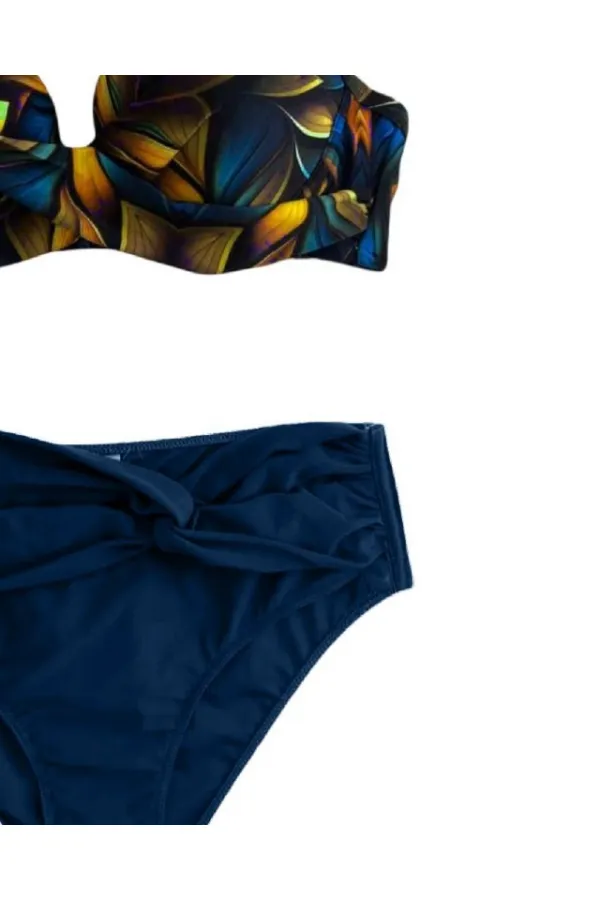 Women's Navy Blue Yellow Floral Patterned Lined Plus Size Bikini Set HZL25S-LC24108