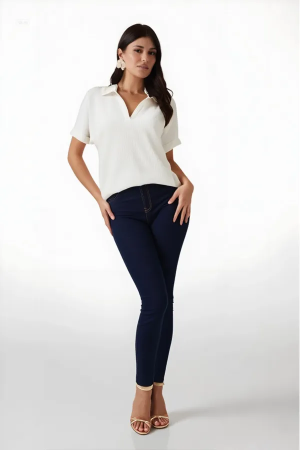 Kadın Ekru Polo Yaka Geniş Kesim Örme Bluz HZL24S-BD104861