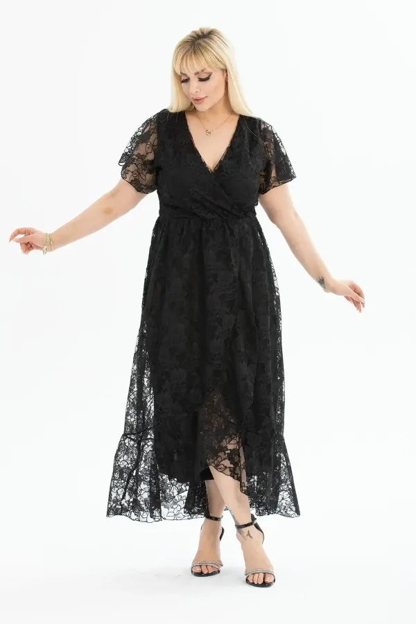 Kadın Siyah Büyük Beden V Yaka Astarlı Dantel Detaylı Şık Abiye Elbise HZL26S-PR11071