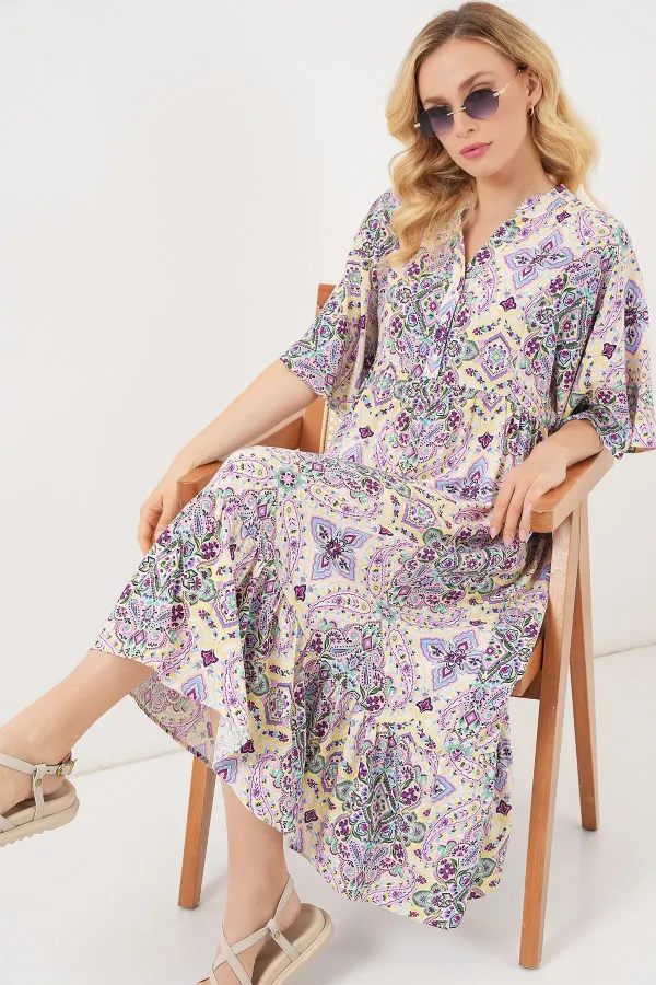 Kadın Desenli Kısa Kol Elbise 2562 - Bordo