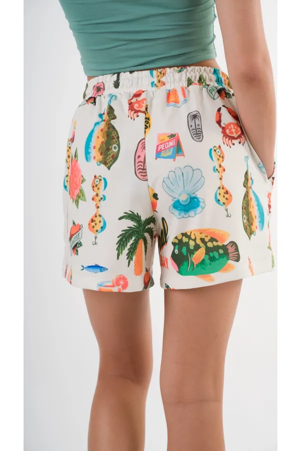 Kadın Çok Renkli Beli Lastikli Ve Bağlamalı Cepli Şort HZL24S-YY226