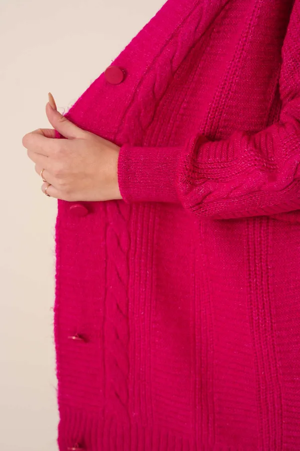 Cardigan long boutonné coupe décontractée en tricot rose foncé pour femme HZL23W-BD1100691