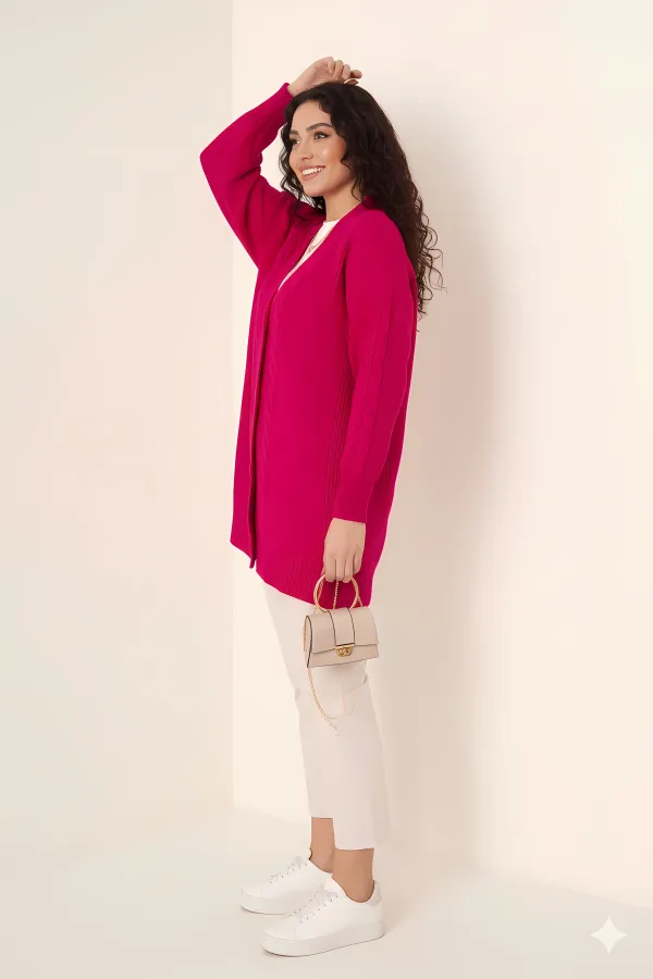 Cardigan long boutonné coupe décontractée en tricot rose foncé pour femme HZL23W-BD1100691