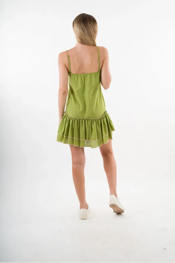 Kadın Fıstık Yeşil V Yaka İp Askılı Eteği Pileli Güpür Detaylı Elbise HZL24S-YY244