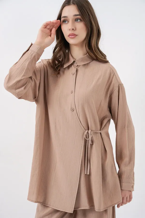 Ensemble deux pièces tunique et pantalon à lacets pour femme 6752 - Beige