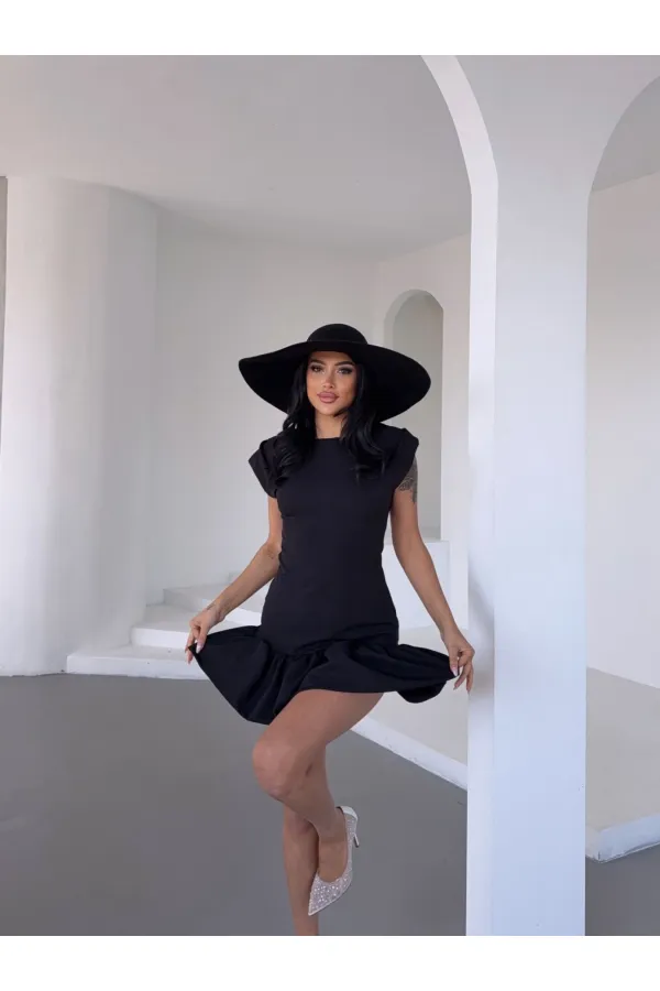 Kadın Siyah Vatkalı İthal Dooble Kumaş Kolsuz Mini Elbise HZL25S-FRY12274