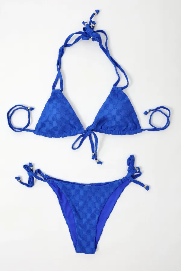 Kadın Saks Mavisi  İp Bağlamalı Aksesuarlı Astarlı Yüksek Bel Üçgen Bikini Takım HZL24S-LC2229