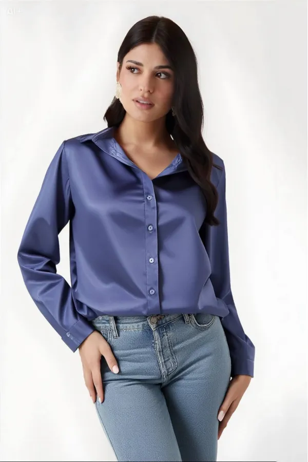Kadın Mavi Hafif Dökümlü Saten Yüzeyli Gömlek HZL22W-BD139641