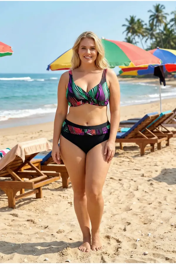 Kadın Siyah Mor Yeşil Büyük Beden Astarlı Bikini Takım HZL25S-LC21202