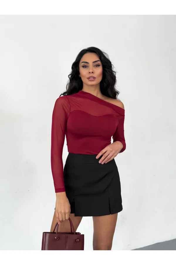 Kadın Bordo Tül Garnili Uzun Kol Şık Rahat Bluz HZL25W-FRY123541