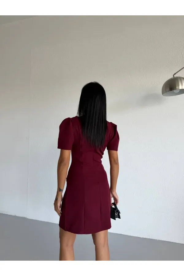 Women's Burgundy Boat Neck Welt Pocket Short Sleeve Mini Dress HZL26S-FRY123891 Women's Burgundy Boat Neck Welt Pocket Short Sleeve Mini Dress HZL26S-FRY123891