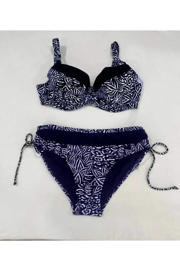 Ensemble bikini doublé grande taille bleu marine et blanc à motifs pour femme HZL25S-LC4006