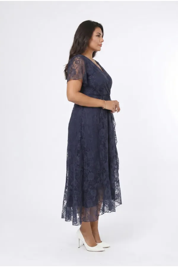 Kadın Lacivert Büyük Beden V Yaka Astarlı Dantel Detaylı Şık Abiye Elbise HZL26S-PR11071