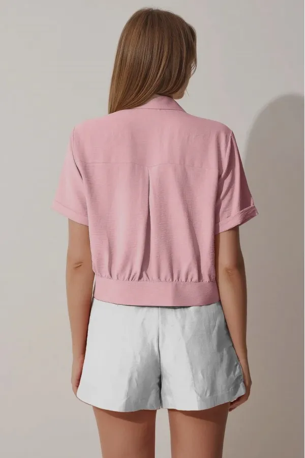 Women's Dusty Rose Pocket Buttoned Short Sleeve Summer Crop Shirt Jacket HZL22S-BD106631