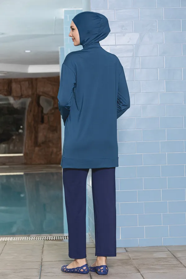 Women's Hijab Petrol Blue Pocketed Long Sleeve Fully Covered Tights Lycra Dress Swimsuit HZL24S-AR1254-29