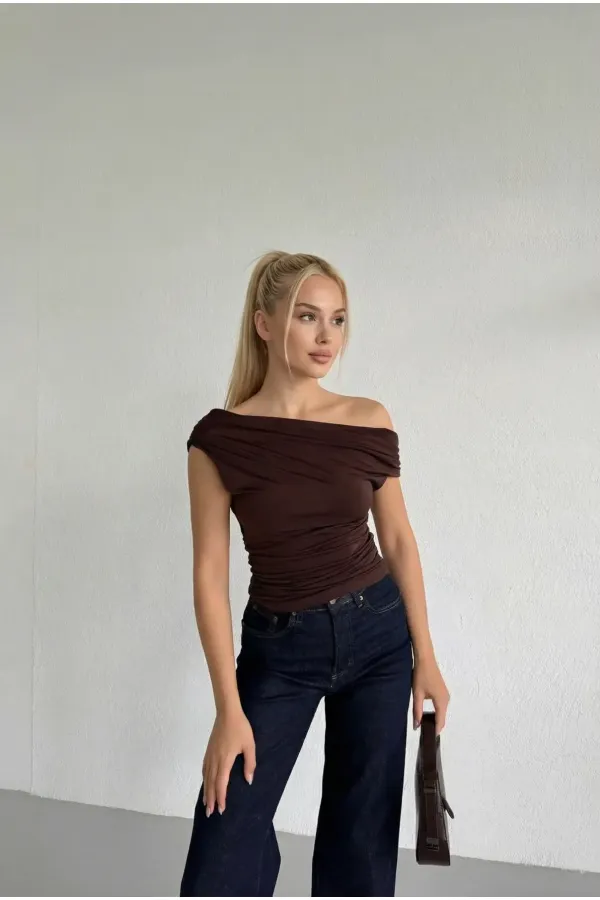 Women's Brown Green Side Draped Boat Neck Sandy Blouse HZL25S-FRY123201