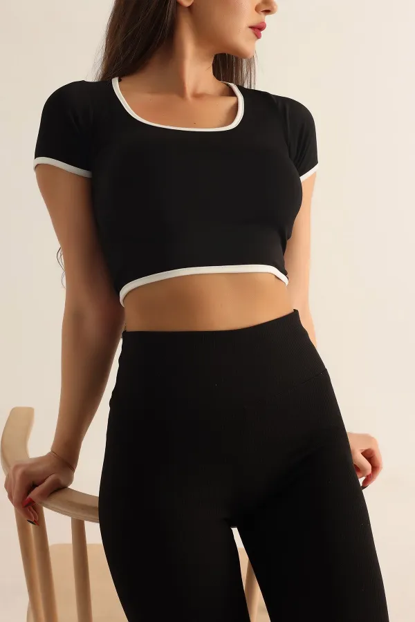 Kadın Siyah Beyaz Biyeli Kısa Kol Likralı SendyCrop Bluz HZL24S-SND190901