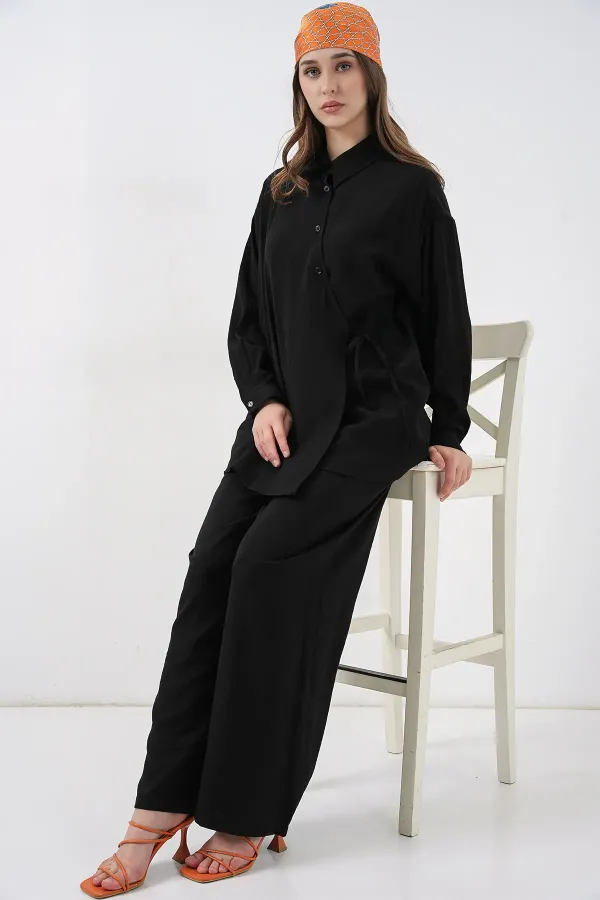 Ensemble deux pièces tunique et pantalon à lacets pour femme 6752 - Noir