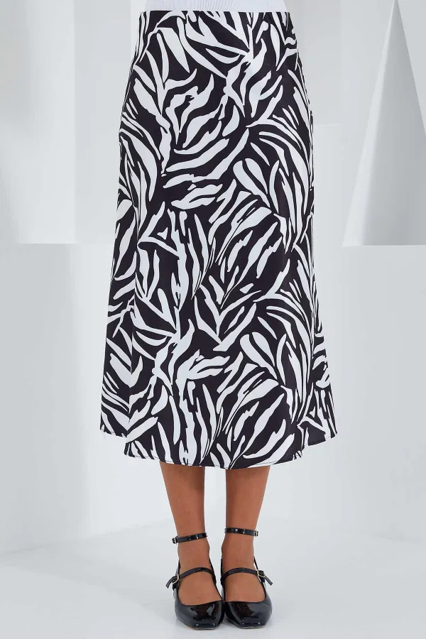 Kadın Zebra Desen Siyah Beyaz Saten Yüzeyli Beli Lastikli Midi Boy Etek Hzl23s-bd1101471