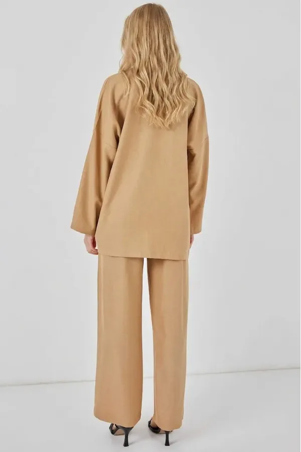 Kadın Bej Keten Bağlama Detaylı Kimono Pantolon İkili Takım HZL26S-BD167271