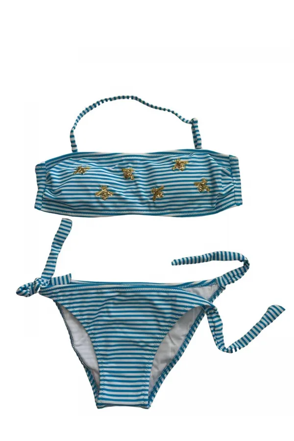 Ensemble bikini sans bretelles à rayures bleues et blanches pour fille, motif abeille, 4-12 ans, HZL24S-LC3228