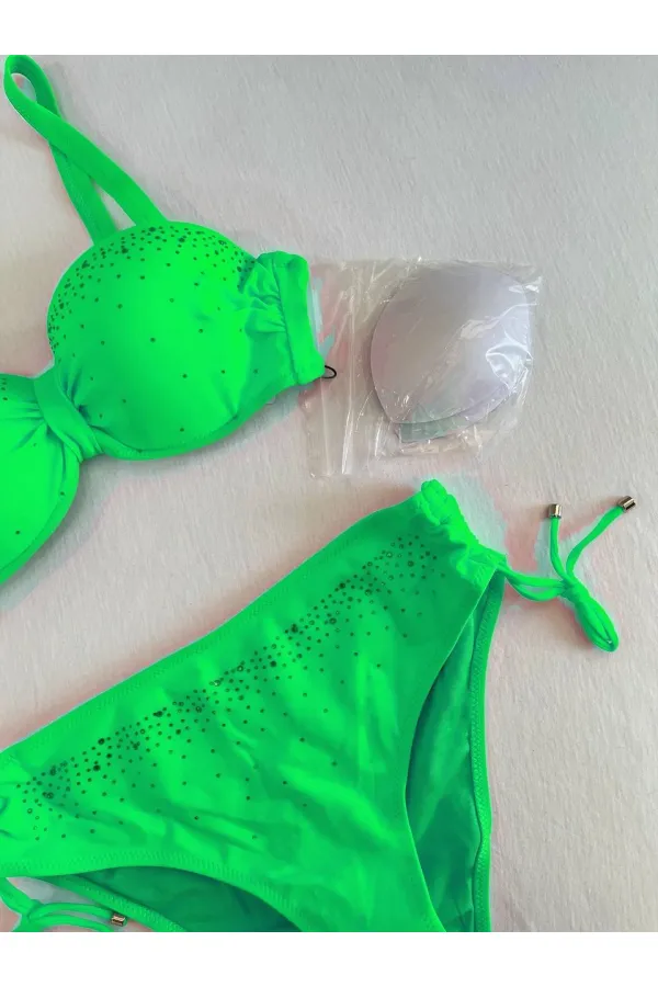 Ensemble bikini doublé brodé de pierres vert vif pour femme HZL25S-LC3361