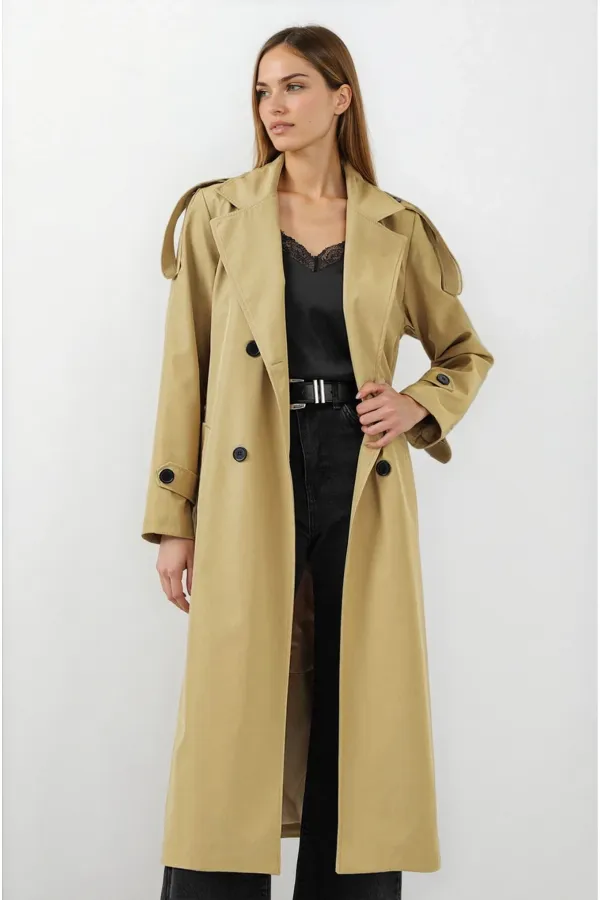 Kadın Yağ Yeşili  Kruvaze Yaka Astarlı Kemerli Mevsimlik Trençkot HZL25W-BD159411