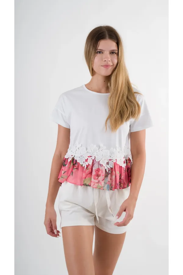 Kadın Beyaz Dantel Çiçek Desenli Bisiklet Yaka Bluz HZL24S-YY256